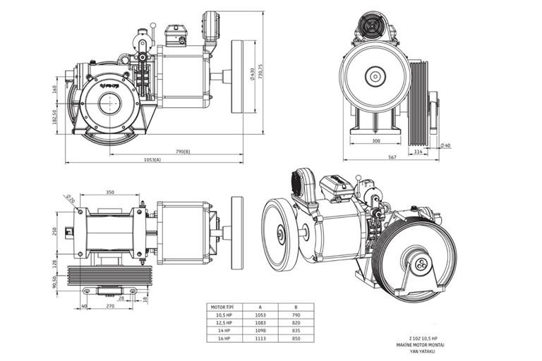 Z102-YAN YATAKLI DİŞLİLİ MAKİNE MOTORU-TEKNİK ÇİZİM